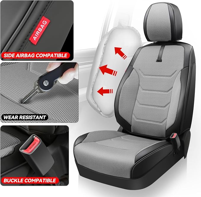 Auto Dynasty Car Seat Covers Front Set, Anti-Slip Automotive Interior Covers with Storage Pocket, Breathable Car Seat Protectors, Airbag Compatible, Universal Fit Most Vehicles, Gray (Sport Series)