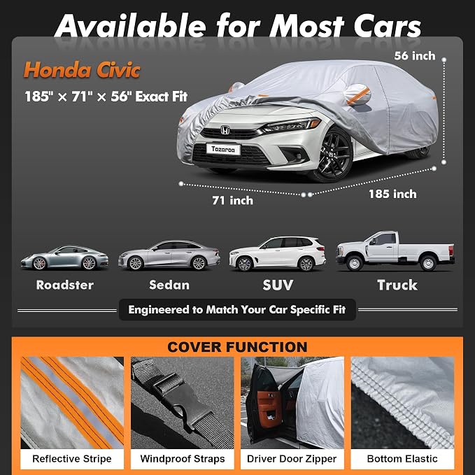 Car Cover Waterproof All-Weather,Heavy-Duty Outdoor Full Exterior Automobiles Sedan/Coupe (Length 179-185 inch) with Windshield Sun Shade Universal Fit Toyota Corolla,Honda Civic,Jetta etc