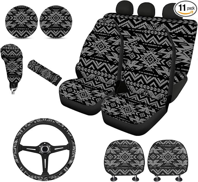 Wanyint Black Aztec Print Car Seat Cover for Women Men Full Set Steering Wheel Cover Shift Knob Handbrake Protector Coasters Head Rest Covers Universal Fit Most Cars SUV Sedan