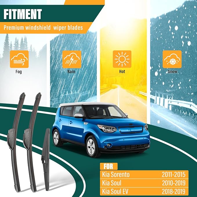 Windshield Wiper Blades Replacement for Kia Sorento 2011-2015,Soul 2010-2019,Soul EV 2018-2019, Original Equipment Replacement Front Rear Wiper Blade Set - 24" 20" 11" (Set of 3)