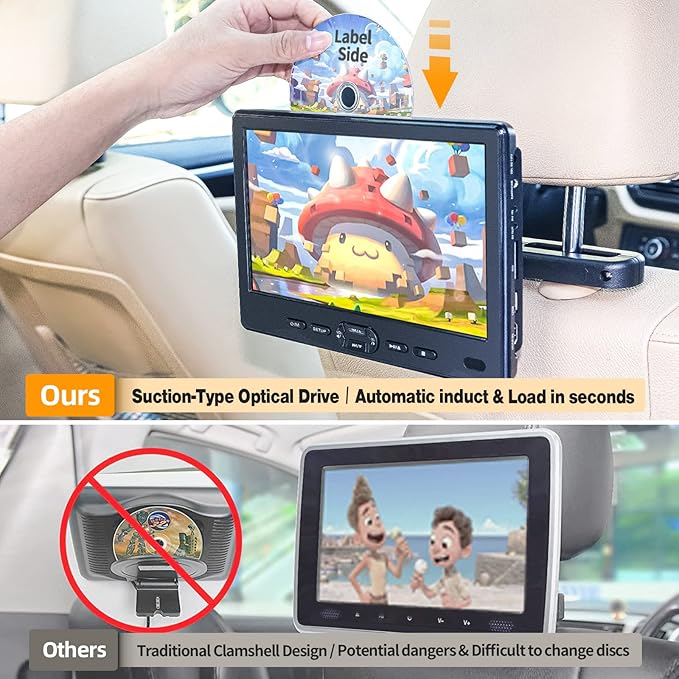 DESOBRY 10.5" Car DVD Player with Headrest Mount, Portable DVD Player for Car with Headphone, Suction-Type Disc in,Support 1080P Video,HDMI Input,USB/SD Card Reader,AV in/Out,Last Memory&Region Free