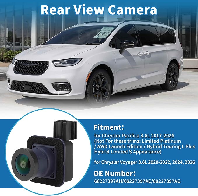 Rear View Camera for Chrysler Pacifica 3.6L 2017-2026 for Chrysler Voyager 3.6L 2020-2022 2024 2026 Park Assist Backup Reverse Camera Replace No.68227397AH/68227397AE/68227397AG