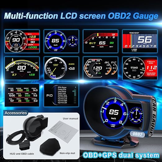 obd2 Gauges Display Car HUD Head Up Display F8 Plus,OBD+GPS Gauge, Digital Speedometer for Car with Water Temperature, Voltage, Fuel Consumption, RPM,obd2 Gauge Speedometer Suitable for All Car