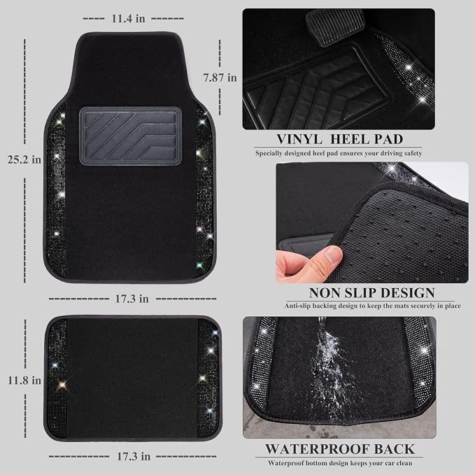 CAR PASS 30 PCS Bling Car Accessories Set for Women, Bling Steering Wheel Covers 15 Inch, Shining Rhinestone License Plate Frame, Sparkly Diamond Phone Holder, Car Mats Full Set, Black