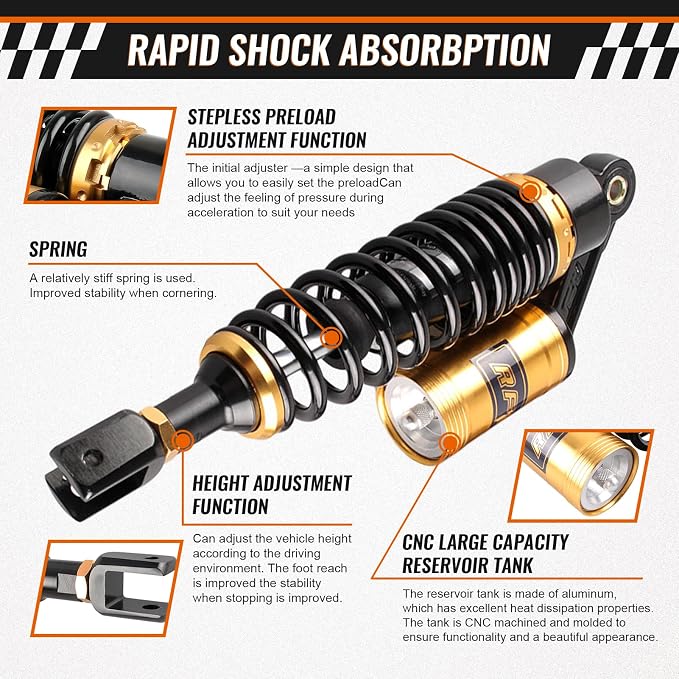 13.4" Motorcycle Shock Absorbers, Pair 340mm Rear Air Suspension Replacement Universal for Motorbike for HONDA for Kawasaki ATV Go Kart Scooter, U Shape