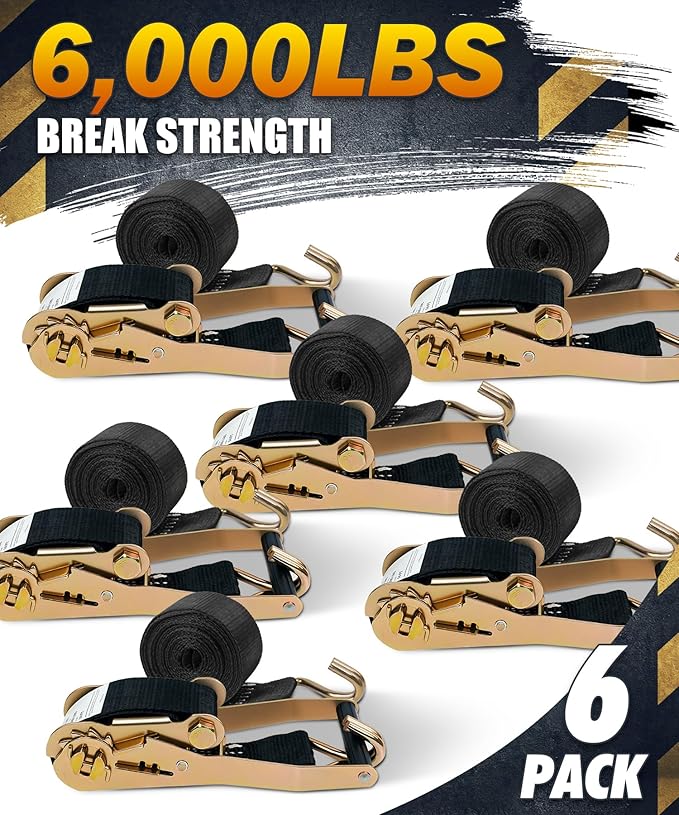 2 Inch Ratchet Straps 6 Pack, 15ft Heavy Duty Tie Down Straps with J Hooks, 6000 LBS Break Strength, 2000 LBS Working Load, Cargo Ratchet Straps for Truck Trailer ATV Motorcycle