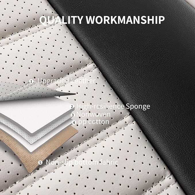 HChengkikz Car Seat Covers Full Set, Breathable Nappa Leather Seat Covers, Horizontal Stripes Automotive Seat Covers, Universal Seat Cushions for Sedan SUV Truck (5 PCS Full Set, Black + Cream)