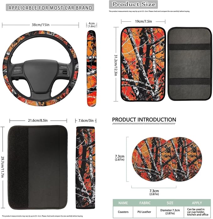 Bulopur Orange Hunting Camo Automotive Seat Covers Front and Backseat with Matching Steering Wheel Cover Auto Center Console Cover Car Seatbelt Pads Headrest Covers 14 Piece Vehicle Interior Set
