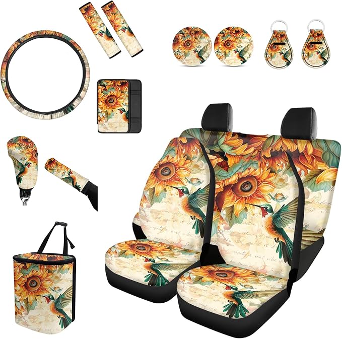 Forchrinse Hummingbird Sunflower Car Seat Cover 15Pack for Women Car Interior Accessories Protector,Steering Wheel Cover,Armrest Seatbelt Cover,Garbage Can,Handbrake Gear Cover,Car Coaster,Keychain
