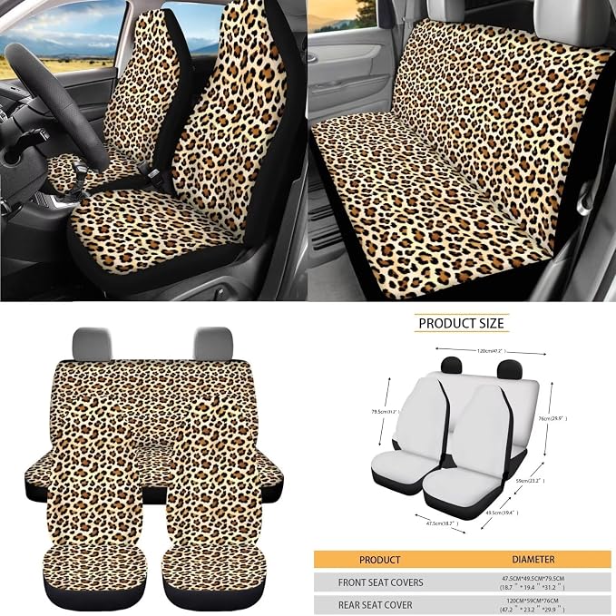 Dreaweet Leopard Print Seat Covers for Cars Front and Back,15 Pcs Cheetah Car Accessories,Leopard Steering Wheel Cover Seat Belt Pads Coasters Trash Can Vent Storage Bag Rearview Mirror Cover Keychain