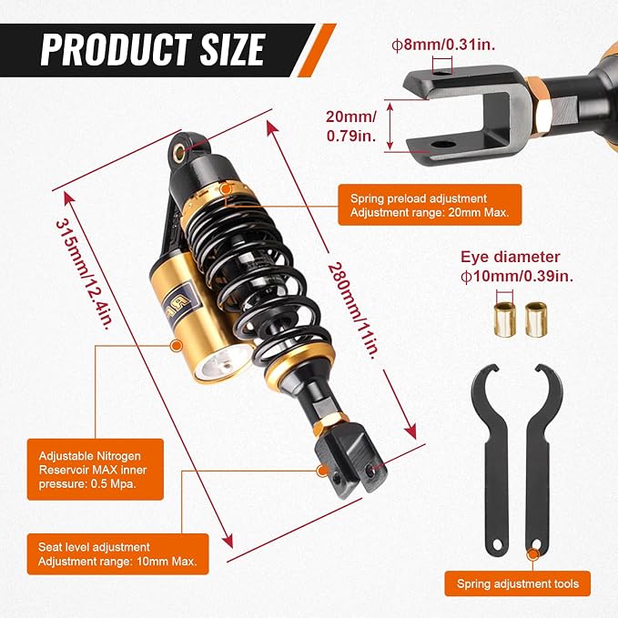 11inch 280mm Motorcycle Air Shock Absorbers for HONDA for Suzuki for Yamaha for Kawasaki ATV Go Kart Quad Dirt Sport Bikes Black & Gold Eye To Clevis
