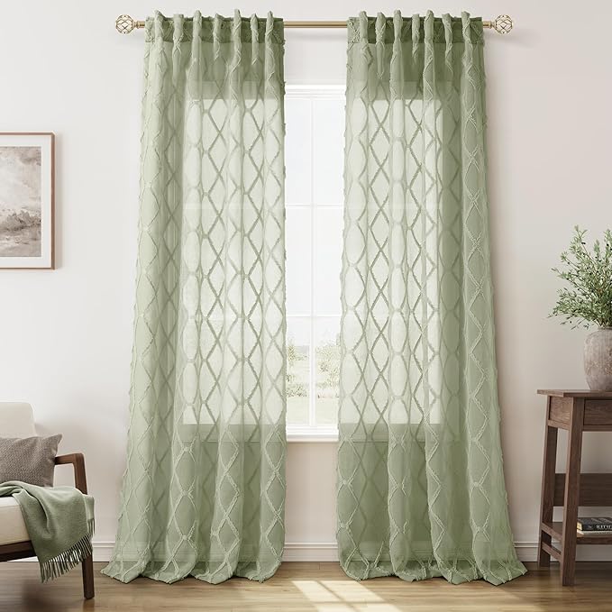 Extra Long Sage Green Sheer Curtains 108 Inch Length for Living Room 2 Panels Back Tab Light Green Boho Farmhouse Drapes Light Filtering Privacy Embroiderd Textured Rustic Curtain for Bedroom 52x108