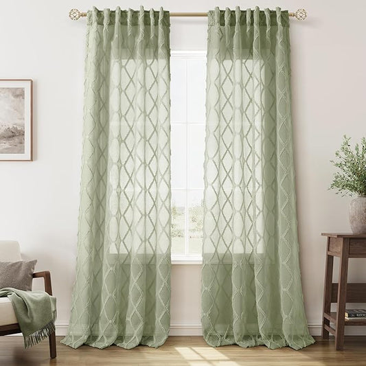 Extra Long Sage Green Sheer Curtains 108 Inch Length for Living Room 2 Panels Back Tab Light Green Boho Farmhouse Drapes Light Filtering Privacy Embroiderd Textured Rustic Curtain for Bedroom 52x108
