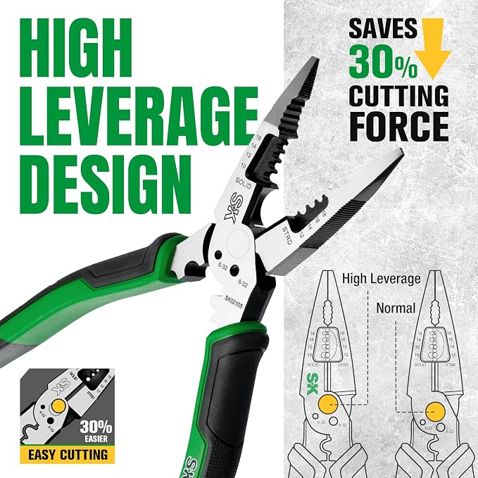SK 3-Piece Multi-use Pliers Set, 7-Inch Diagonal Plier, 8-Inch Noodle Nose and Linesman Pliers, CR-V Construction, Anti-slip Handle, with EVA Foam Tool Organizer