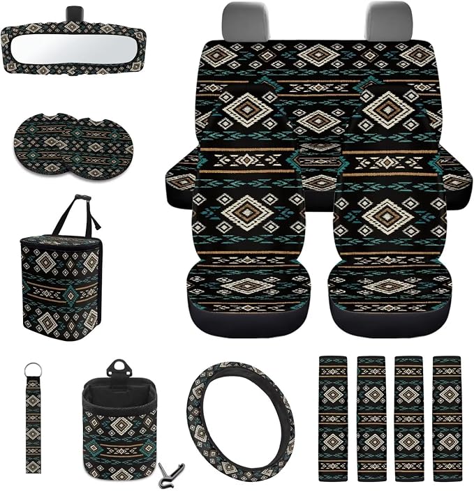 Wanyint Car Seat Cover Set 15 Pack with Steering Wheel Seat Belt Strap Rearview Mirror Cover Garbage Cans Air Vent Pouch Coasters Keychain Auto Decor, Southwest Aztec Black Blue