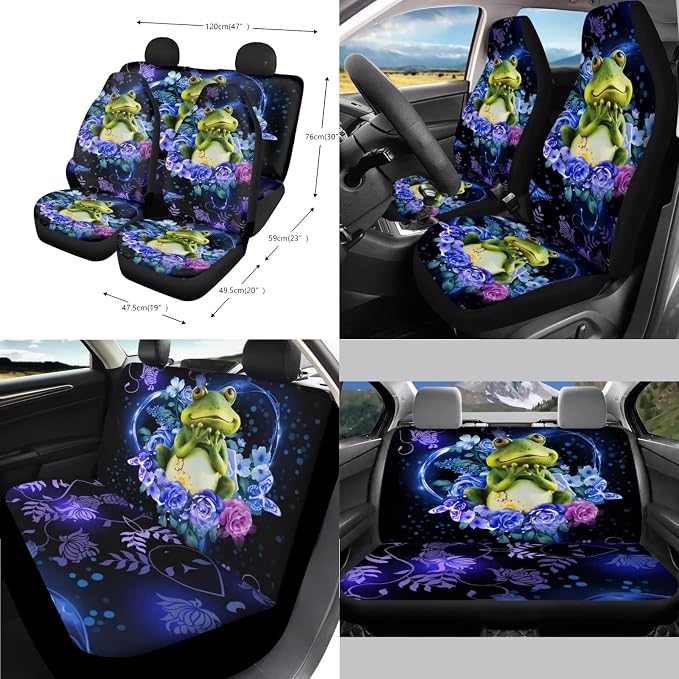 Poceacles 13 Pieces Frog Flower Car Accessories Full Set Includes Car Seat Cover Steering Wheel Shoulder Seat Belt Pads Cup Holder Chapstick Holder Keychain Decor