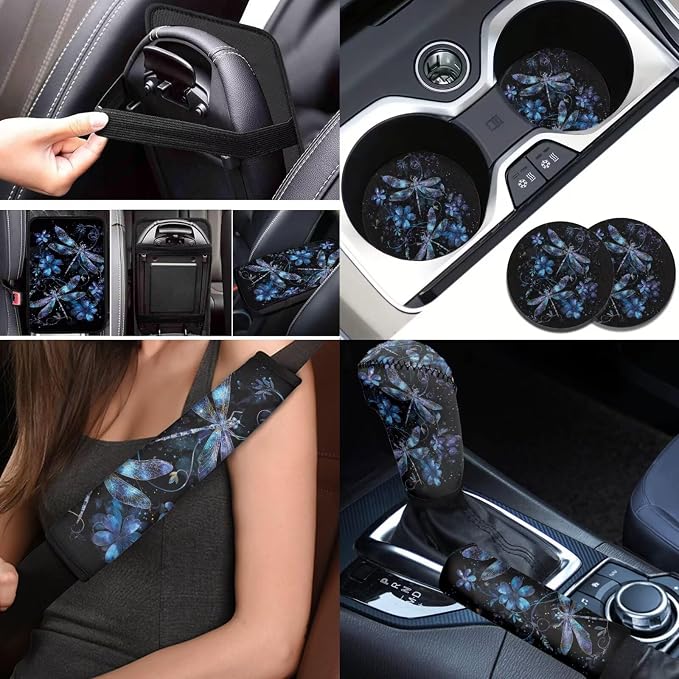 BIGCARJOB Purple Dragonfly Auto Front Rear Seat Cover Full Set 12 Pcs Dragonfly Print Car Interior Accessories Set Womens Cute Seat Protective Universal Steering Wheel Covers Armrest Pads
