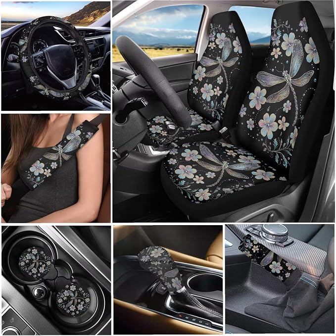 Tupalatus Dragonfly Pattern Car Seat Covers Full Set Fashion Car Interior Accessories Steering Wheel Cover Auto Seat Belt Cover Coasters Gear Shift Cover Hand Brake Cover 9 Pieces