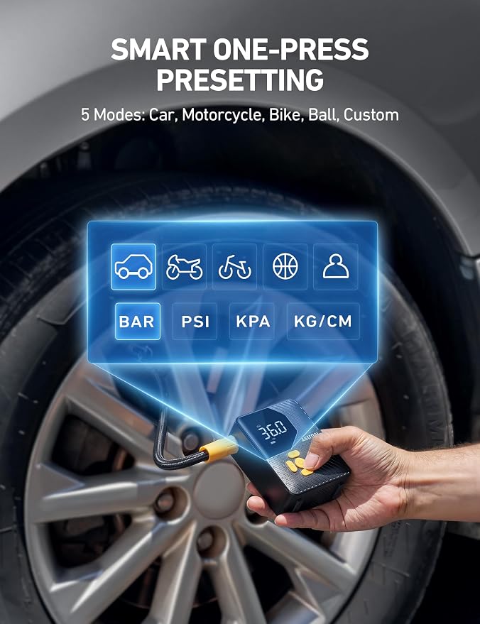 AstroAI 150 PSI Tire Inflator Portable Air Compressor, Fast Inflation Cordless Air Pump with LED Light &Pressure Gauge, Auto Shut-Off, L7 Mini Tire Inflator for Cars, Motorcycle, Bicycle, Ball, Yellow