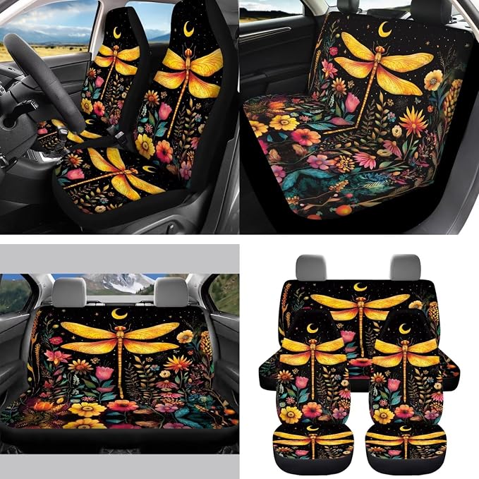 Moon Floral Dragonfly 15Pcs Car Seat Cover Full Set Car Steering Wheel Cover Seat Belt Cover Trash Bin Front Rear View Mirror Car Cup Holder Keychain