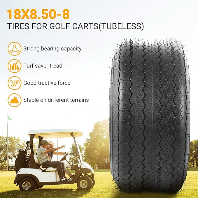 (2-Pack) 18x8.50-8 Tires - 4ply Durable Tubeless Tires for Golf Carts, Traction, Turf Saver Tread, and Fit as Replacement Outdoor Power Equipment Mower Tires