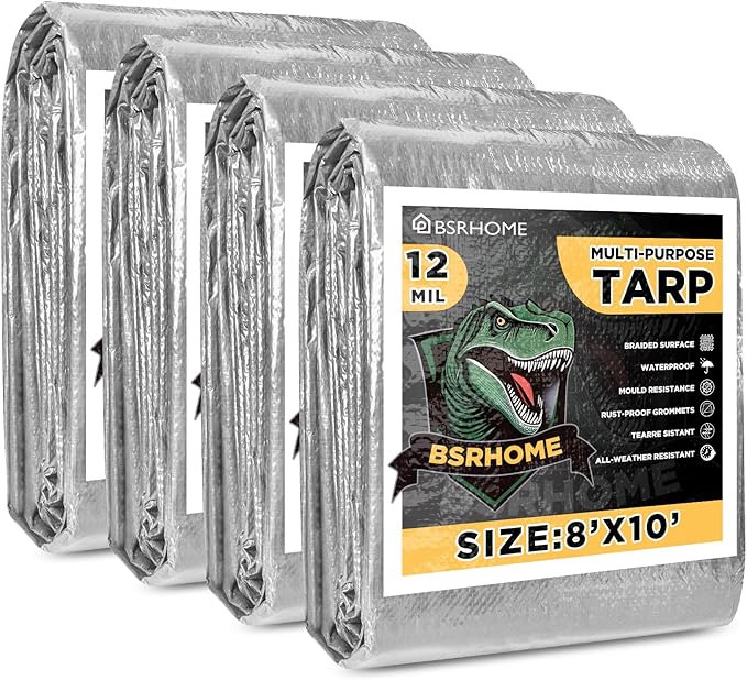 Tarps Waterproof 8x10 Feet, 4 Pack Heavy Duty Silver Tarp Cover 12 Mil Thick, Resistant Plastic Tarpaulin with Metal Grommets, Outdoor Tarp Cover for Car,Trailer