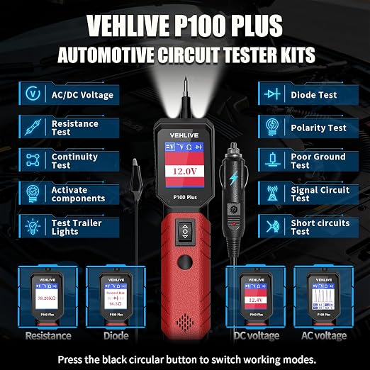 P100 Plus Automotive Power Circuit Probe Tester,12V 24V Car Automotive Diagnostic Test Tool, Digital Volt Ohm Meter W/Overload Protection, Circuit Fault Finder w/ 40FT Cable & Angled Screen