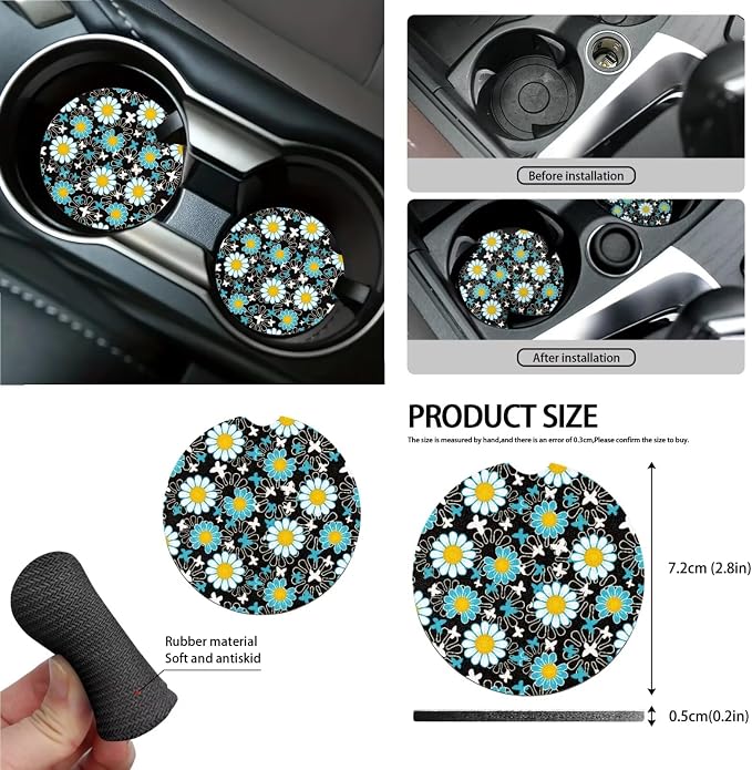 Vibrant Daisy Floral Print 13 Pieces Car Accessories Universal Fit Car Seat Covers Full Set,Seatbelt Pads,Coasters,Keychain,Lipstick Sleeve for Women's Vehicle Protector