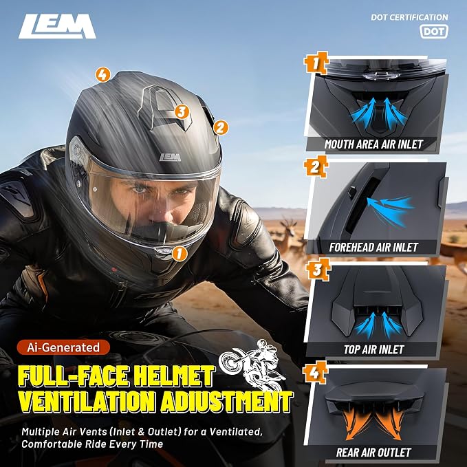 LEM Motorcycle Helmets Full Face for Men, Motorcycle Helmet for Adults, DOT Certified, PINLOCK & DVS Dual Vision, Motorcycle Street Bike Helmet, Bluetooth Speaker Pockets (Matte Black Small) VZN FP09