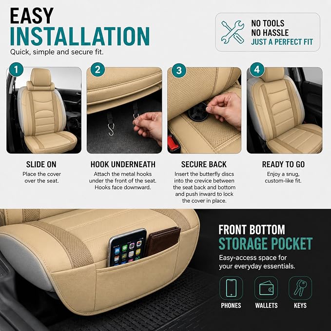 FH Group Front Set Faux Leather Car Seat Cushions for Low Back Seat, Universal Fit, Airbag Compatible Seat Cover for SUV, Sedan, Beige Tan