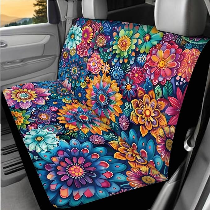 BIGCARJOB Boho Lotus Car Seat Cover Set for Front and Rear,15 Pcs Blossom Flower Car Seat Interior Accessories Full Set with Seat Belt Pads,Car Seat Head Rest Protective Cover,Auto Garbage Bag