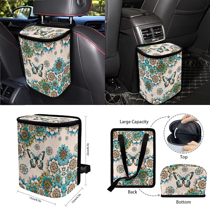 Butterfly Boho Mandala Print Car Seat Cover Sets Car Steering Wheel Cover Seat Belt Cover Trash Bin Air Vent Storage Box Front Rear View Mirror Car Cup Holder Keychain 15Pcs Car Accessories
