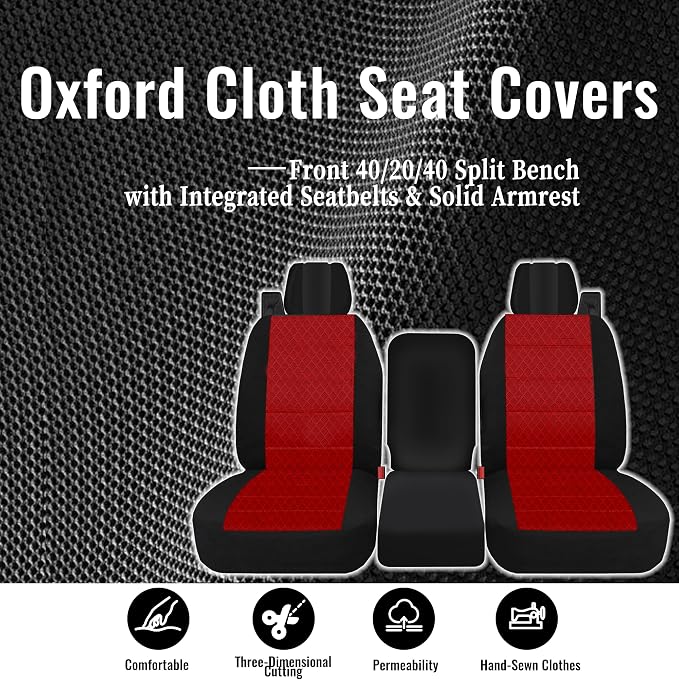 Front 40/20/40 Heavy-Duty Oxford Fabric Seat Covers Compatible with Ford F150 XL/Standard Cab 2004-2008, Split Bench with Integrated Seatbelts & Solid Armrest-Red