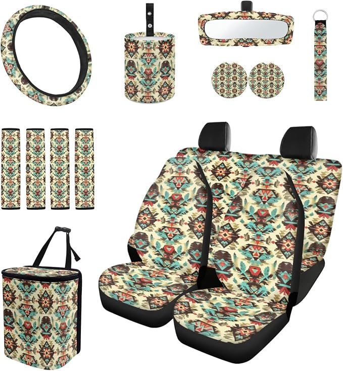 Navajo Aztec Car Accessories Car Seats Cover Protector, Steering Wheel Covers, Seatbelt Cover, Car Trash Can, Cup Coasters, Rearview Mirror Cover, Keychains, Pack of 15