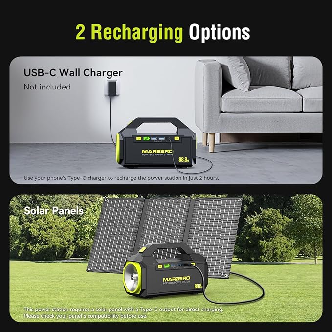 MARBERO Portable Power Station 88.8Wh Camping Portable Charger with Flashlight High Lumens Fast Charging Power Bank with AC Outlet 100W (150W Surge) for Hiking Hurricane Backup Emergencies