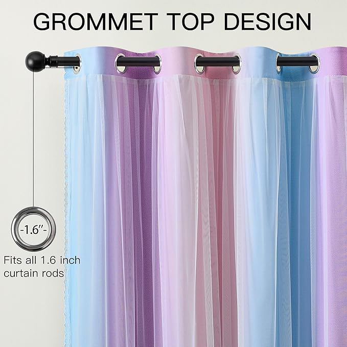 XiDi Kids Blackout Curtains with Sheer Overlay 84 Inches Long 2 Panels for Girls Bedroom Nursery Rainbow Pink Purple Blue Double Layer Curtains Unicorn Princess Theme Home Decor Grommet W34 x L84