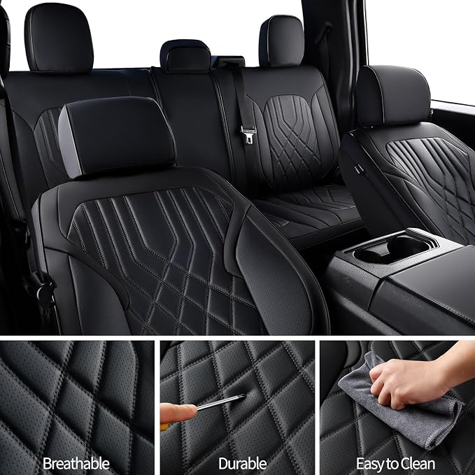 Ranger Seat Covers, for 2019-2023 Ford Ranger XLT XL Lariat Crew Cab, Napa Leather Seat Protector (Rear Only, Black Rear)