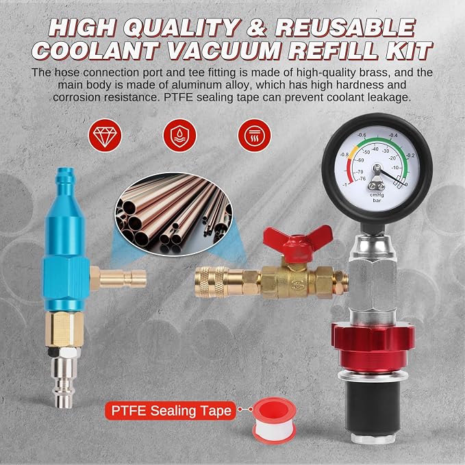 Coolant Vacuum Refill Kit Quick Airlift Coolant Refill Tool, Universal Adapters, Precise Flow Control Pneumatic Vacuum Fill Coolant, Cooling System Vacuum Purge & Refill Kit for Most Vehicles