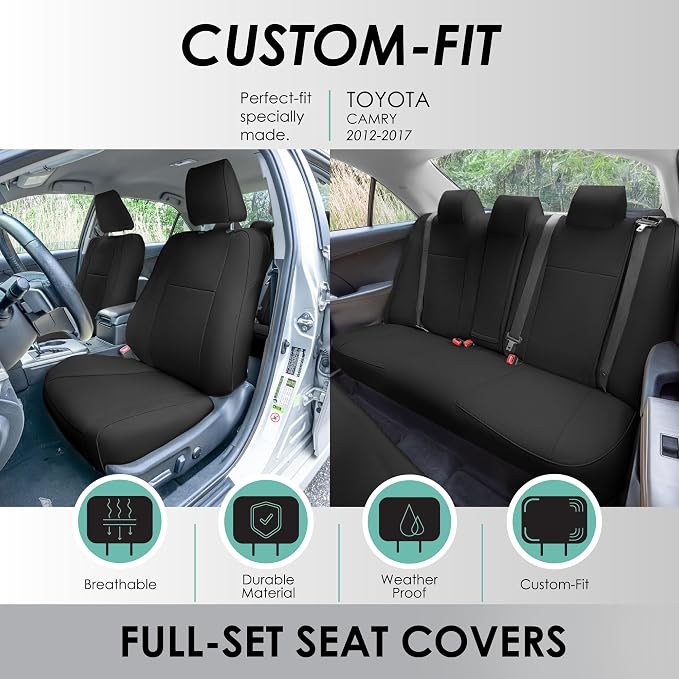 FH Group Custom Fit Seat Covers Specifically Made for 2012-2017 Toyota Camry LE | SE | XSE | XLE - Faux Leather, Waterproof Car Seat Cover, Full Set Black