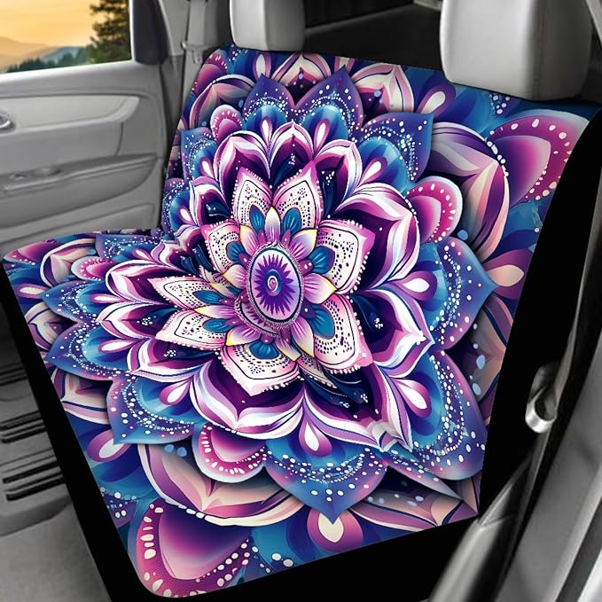 Purple Hippie Lotus Car Seat Covers Full Sets of 17Pcs Boho Lotus Car Accessories Set with Auto Front Rear Foot Carpet Car Seat Belt Cover Steering Wheel Cover,Universal Fit for Most Car SUV