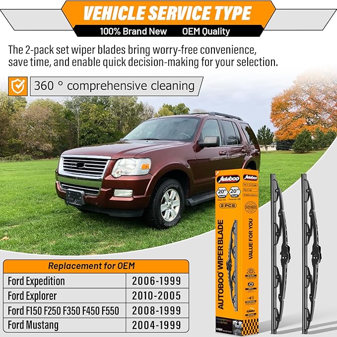 AUTOBOO 20"+20" Windshield Wiper Blade Replacement For Ford F150 F250 F350 F450 F550 2008-1999 Expedition 2006-1999 Explorer 2010-2005 Mustang 2004-1999 -Original Factory Quality (Pack of 2)