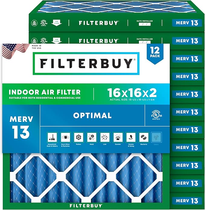 Filterbuy 16x16x2 Air Filter MERV 13 Optimal Smoke & Allergy Defense (12-Pack), Electrostatic Pleated HVAC AC Furnace Filters Replacement (Actual Size: 15.50 x 15.50 x 1.75)