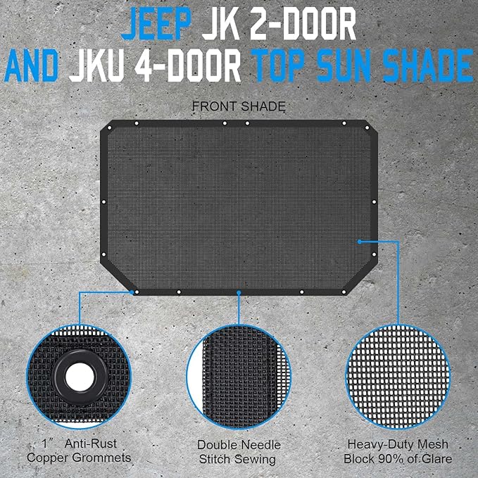 JK Sun Shade Top Compatible with Jeep Wrangler 4 Door 2007 to 2018 Sunshade Sunroof Bikini Cover Blocks UV Wind Noise Black Mesh for Front