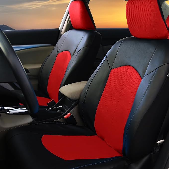 FH Group Car Seat Covers Highest Grade Faux Leather Seat Covers Airbag Compatible Red Automotive Seat Cover Front Seats Only with Gift Universal Fit Interior Accessories for Cars Trucks and SUVs