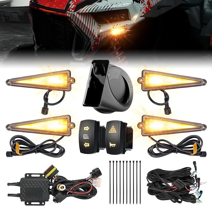 KEMIMOTO UTV Triangle Turn Signal Kit with Rocker Switch and 110 dB Horn | Pre-Wired, Plug and Play, Universal Street Legal Kit, Compatible with Polaris, Can-Am, Kawasaki, CFMOTO