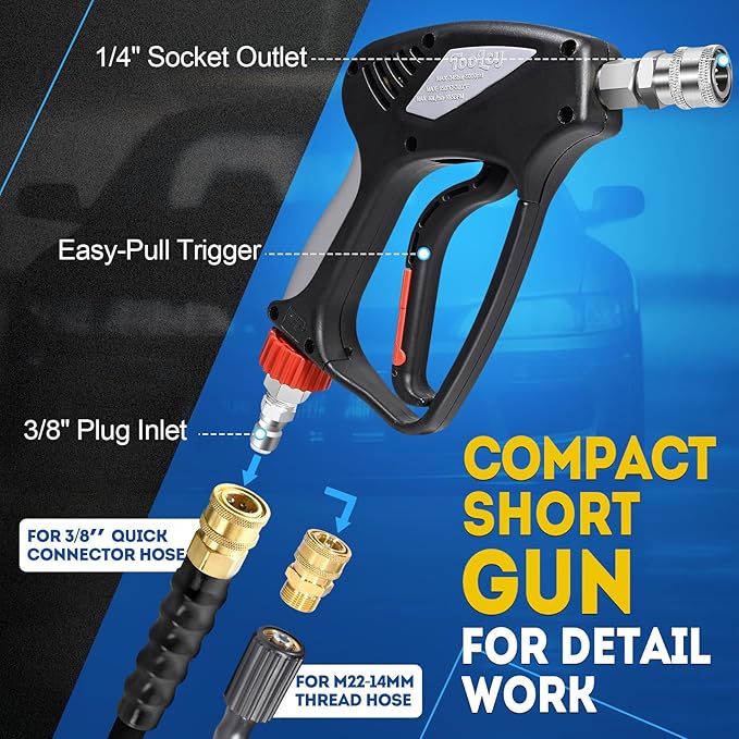 TOOLCY Pro Short Pressure Washer Gun 5000 PSI with Swivel, 304 Stainless Steel 3/8" Quick Connect Inlet, High Pressure Washer Gun with 1/4" Quick Connect, Includes 3/8" QC to M22-14mm Adapter