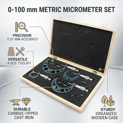 Professional Metric Outside Micrometer Set 0-100mm, 4-Piece with 0.01mm Precision & Wooden Case, High-Quality Carbide Machinist Tool for Precision Measurement