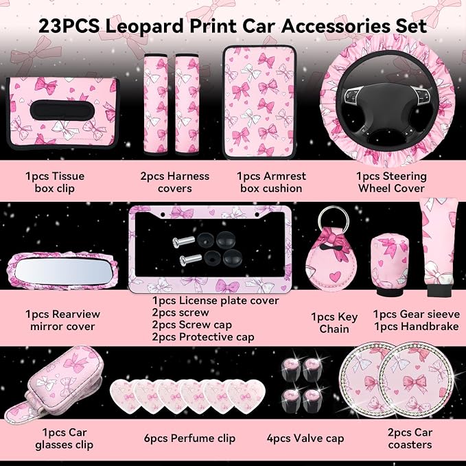 23 Pcs Leopard Print Car Accessories,Including License Plate Frame,Rearview Mirror Decoration,Etc,Suitable for Sedan,SUV and Other,Cute Car Interior Set for Women (Pink Butterfiy)