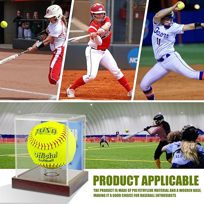 Softball Display Case Clear Soft Ball Holder for Display,UV Protected Cube with Wooden Base,Softball Display Case for 12 Inch Ball or 11 inch Ball Sports Ball Storage Collections (4×4×4.8 inches)
