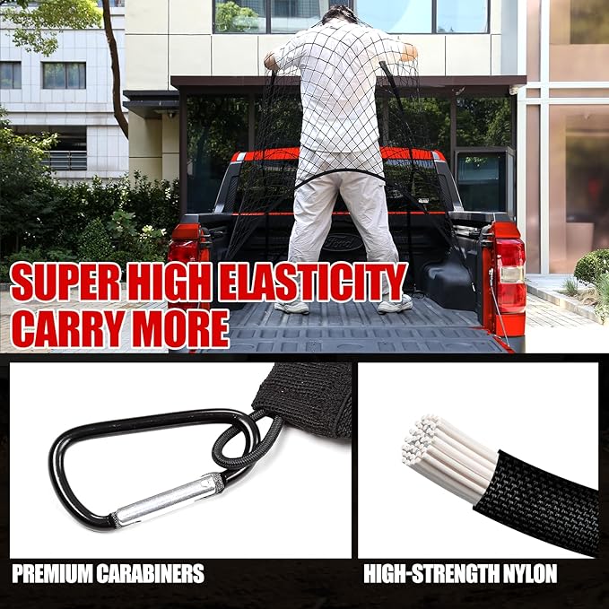 Mabett Truck Bed Cargo Fixed Net Highly Elastic for Ford Maverick Accessories 2022-2025, Stretchable Bed Mesh Net with 6 Metal Carabiners for Maverick (Elastic Fixed net)